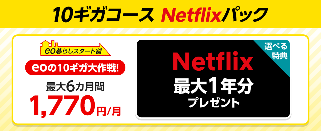 【10ギガコース Netflixパック】ネット月額割引 ＋ Netflix最大1年分 プレゼント