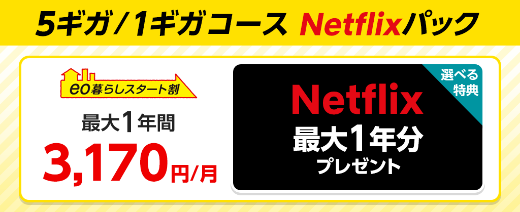 【5ギガ/1ギガコース Netflixパック】ネット月額割引 ＋ Netflix最大1年分 プレゼント