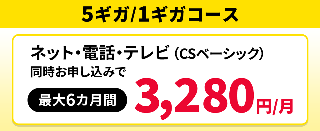 【5ギガ/1ギガコース】ネット＋電話＋テレビ（CSベーシック）月額割引