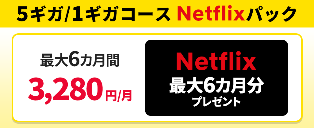 【5ギガ/1ギガコース Netflixパック】ネット月額割引 ＋ Netflix最大6カ月分プレゼント