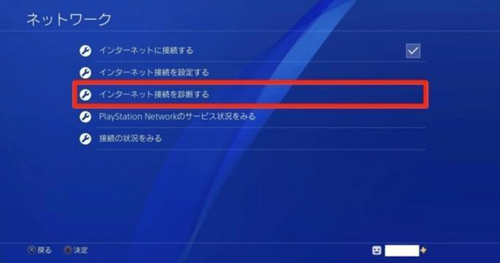 PS4のネットワーク画面メニュー「インターネット接続を診断する」を赤枠で囲ったイメージ