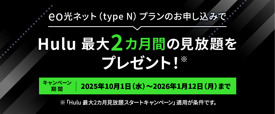 eo光ネット（type N）プランのお申し込みでHulu最大2カ月間の見放題をプレゼント！ キャンペーン期間：2025年10月1日（水）～2026年1月12日（月）まで ※「Hulu 最大2カ月見放題スタートキャンペーン」適用が条件です。