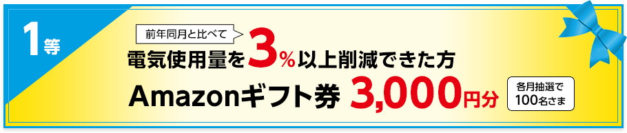 1等 電気使用量を前年同月と比べて3％以上削減できた方Amazonギフト券3,000円分（各月抽選で100名さま）