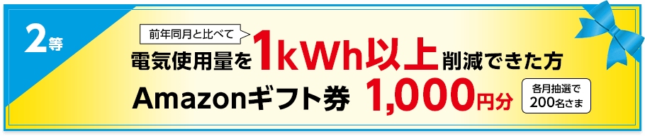 2等 電気使用量を1kWh以上削減できた方Amazonギフト券1,000円分（各月抽選で200名さま）
