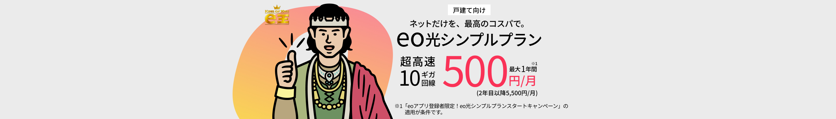 ネットだけを最高のコスパで。eo光シンプルプラン 超高速10ギガ回線最大1年間500円/月 ※1「eoアプリ登録者限定！eo光シンプルプランスタートキャンペーン」の適用が条件です。