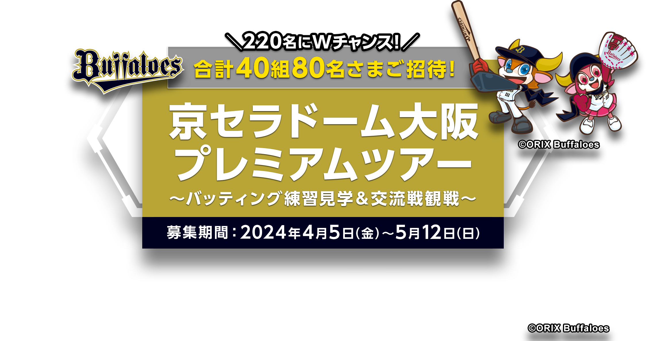 220名にWチャンス！ 合計40組80名さまご招待！ 京セラドーム大阪プレミアムツアー ～バッティング練習見学＆交流戦観戦～ 募集期間：2024年4月5日（金）〜5月12日（日）