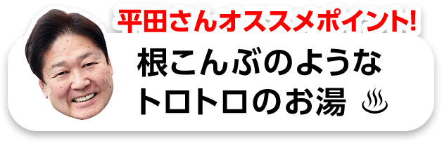 平田さんオススメポイント！ 根こんぶのようなトロトロのお湯 ♨