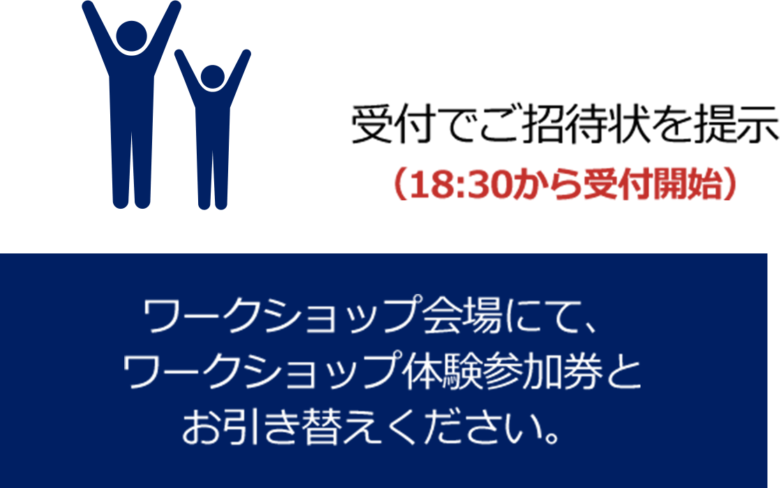 受付でご招待状を提示（18:30から受付開始）ワークショップ会場にて、ワークショップ体験参加券とお引き替えください。