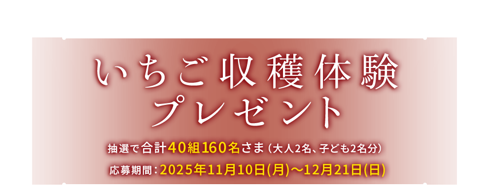 いちご収穫体験プレゼント 抽選で 合計40組 160名さま（大人2名、子ども2名分）