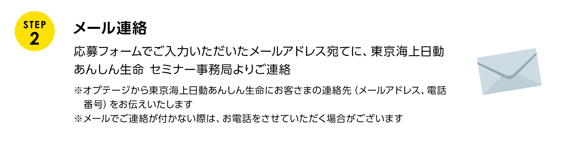 STEP 2 メール連絡 当選者にメールでご連絡 応募フォームでご入力いただいたメールアドレス宛てに、東京海上日動あんしん生命 セミナー事務局よりご連絡