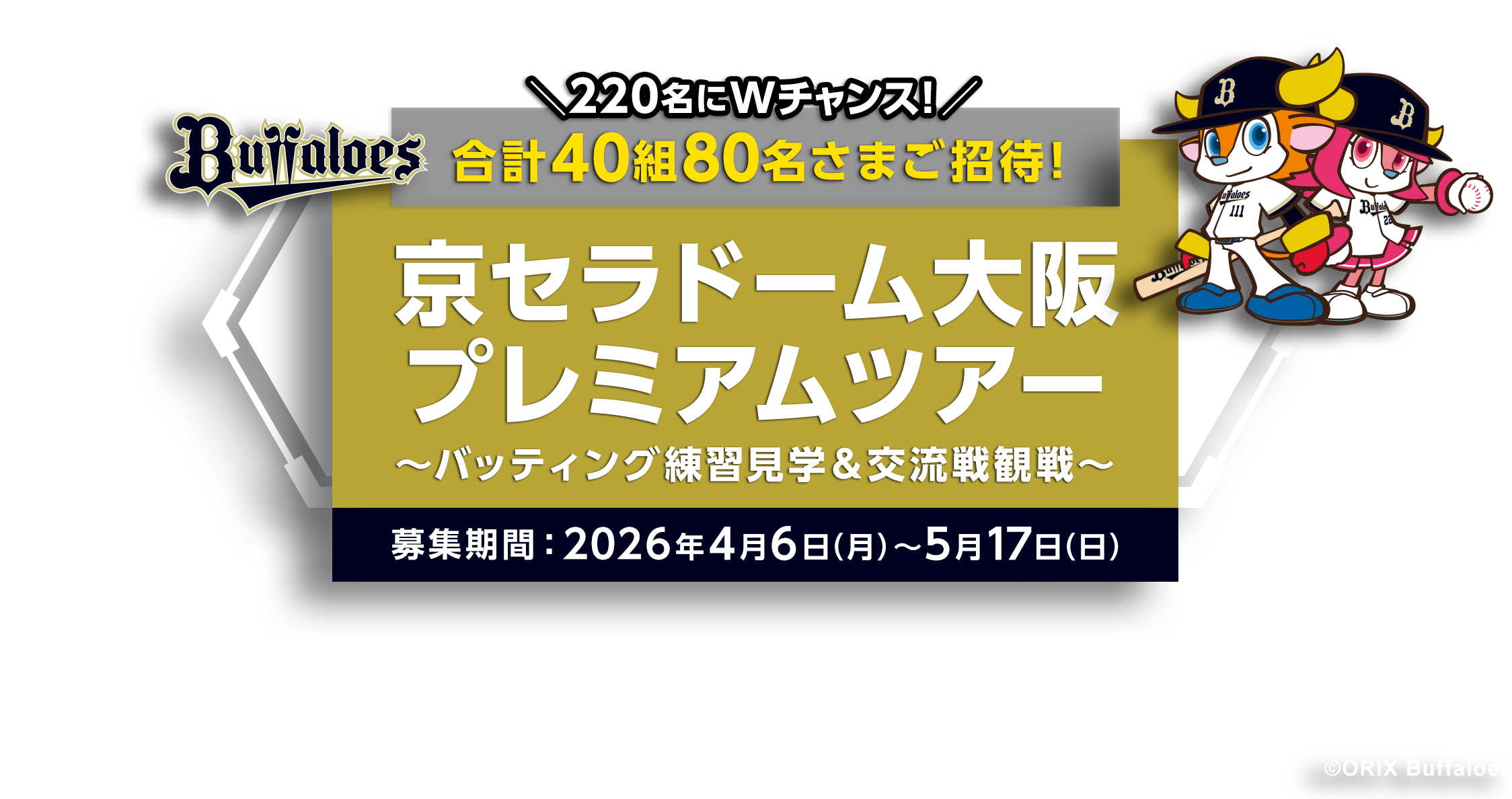 220名にWチャンス！ 合計40組80名さまご招待！ 京セラドーム大阪プレミアムツアー ～バッティング練習見学＆交流戦観戦～ 募集期間：2026年4月6日（月）〜5月17日（日）