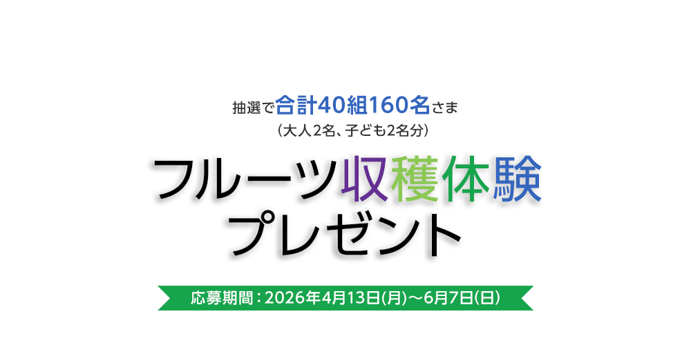 フルーツ収穫体験プレゼント 抽選で合計40組 160名さま(大人2名、子ども2名分)