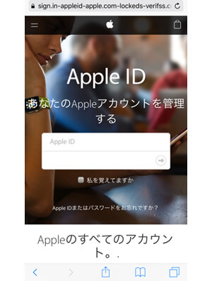 画面イメージ：フィッシングメールにより誘導されるApple IDなどを盗み取ろうとする偽サイトの例