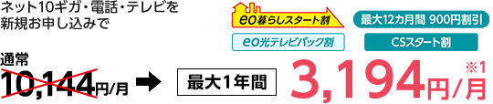 ネット10ギガ・電話・テレビを新規お申し込みで最大12カ月間4,094円／月