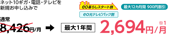 ネット10ギガ・電話・テレビを新規お申し込みで最大12カ月3,594円／月