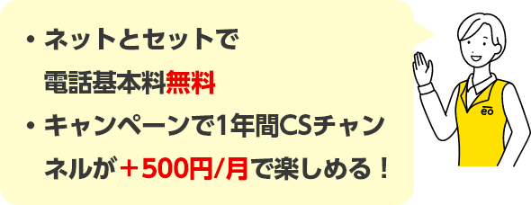 ネットとセットで電話基本料無料 キャンペーンで1年間CSチャンネルが＋500円/月で楽しめる！