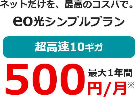 ネットだけを、最高のコスパで。eo光シンプルプラン超高速10ギガ 最大1年間 500円/月※