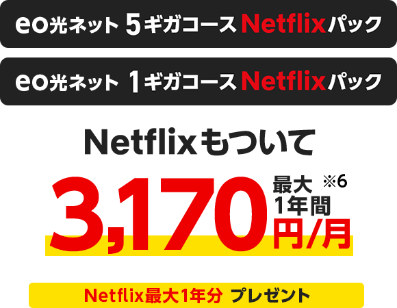 eo光ネット 5ギガコースNetflixパック eo光ネット 1ギガコースNetflixパック 1ギガコースNetflixパック Netflixもついて最大1年間3,170円/月※6 Netflix最大1年分 プレゼント