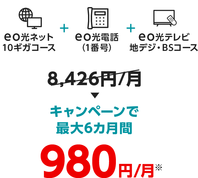 eo光ネット10ギガコース+eo光電話（1番号）+eo光テレビ地デジ・BSコースキャンペーンで最大6カ月間980円/月※