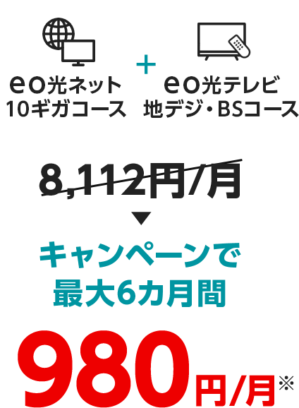 eo光ネット10ギガコース+eo光テレビ地デジ・BSコースキャンペーンで最大6カ月間980円/月※