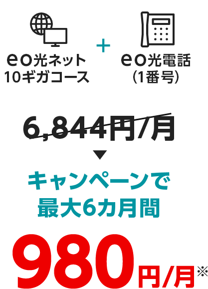 eo光ネット10ギガコース+eo光電話（1番号）キャンペーンで最大6カ月間980円/月※