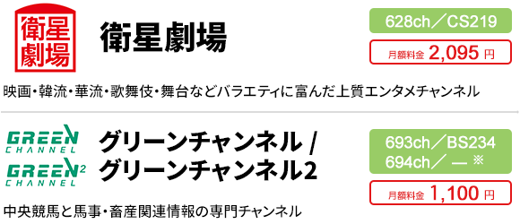 衛星劇場 628ch/CS219 月額料金2,095円/グリーンチャンネル/グリーンチャンネル2 693ch/BS234 694ch/ ̶ 月額料金1,100円